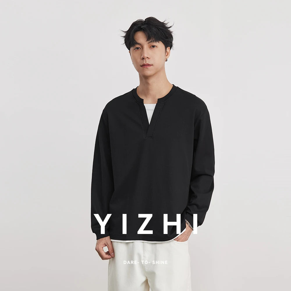 Japanese Simple Fake Two-piece Henry Collar Sweatshirt Men Spring Loose Long-sleeved T-shirt Casual Versatile Men's Clothing