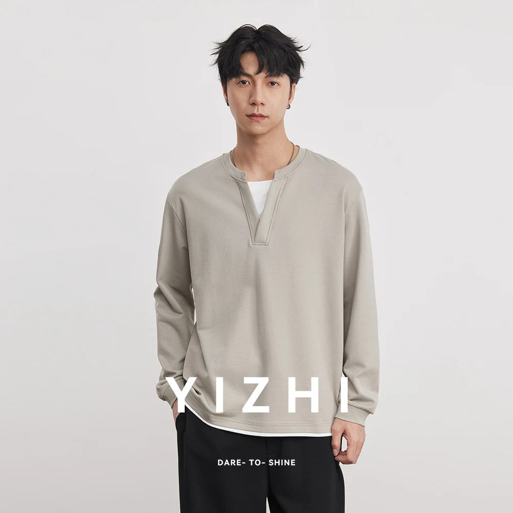 Japanese Simple Fake Two-piece Henry Collar Sweatshirt Men Spring Loose Long-sleeved T-shirt Casual Versatile Men's Clothing