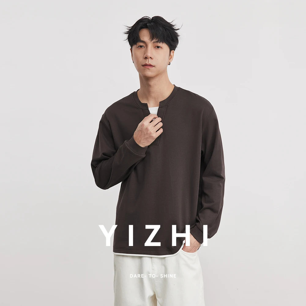Japanese Simple Fake Two-piece Henry Collar Sweatshirt Men Spring Loose Long-sleeved T-shirt Casual Versatile Men's Clothing