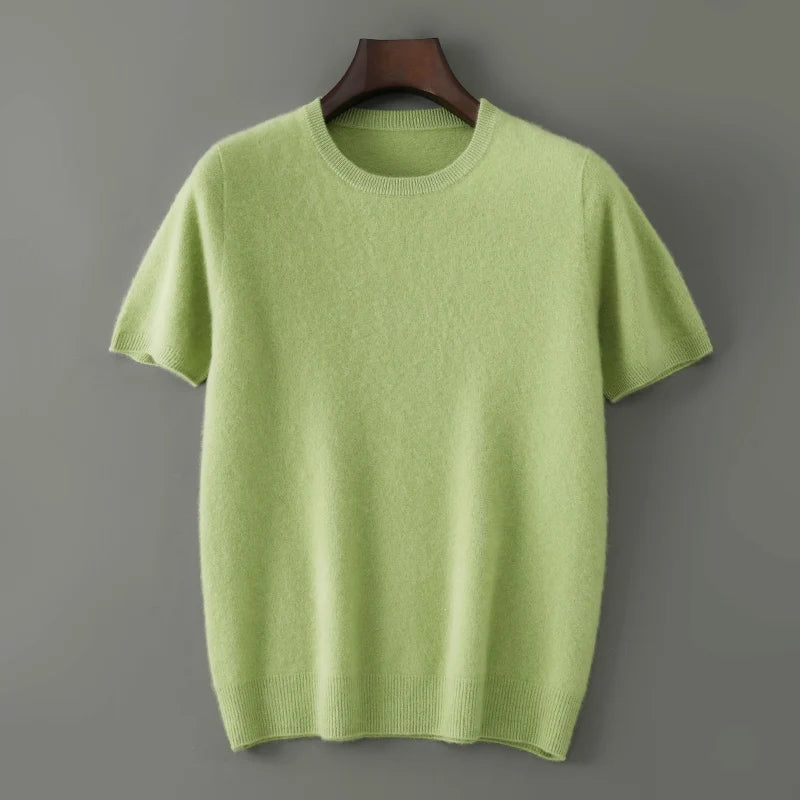 Spring and summer new 100% pure cashmere knitted T-shirt men's round neck short sleeved pullover loose cashmere solid color top