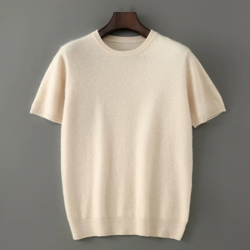 Spring and summer new 100% pure cashmere knitted T-shirt men's round neck short sleeved pullover loose cashmere solid color top